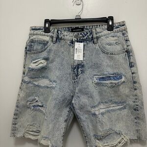 Eleven Paris Acid Wash Light Blue Ripped Denim Shorts